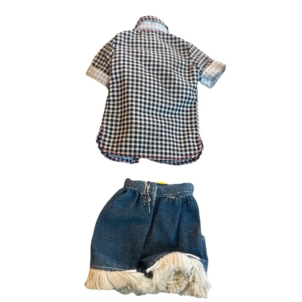 Vintage Barbie Outfit Top‎ Check Bow Tie Denim Fringe Jeans Shorts Med Wash